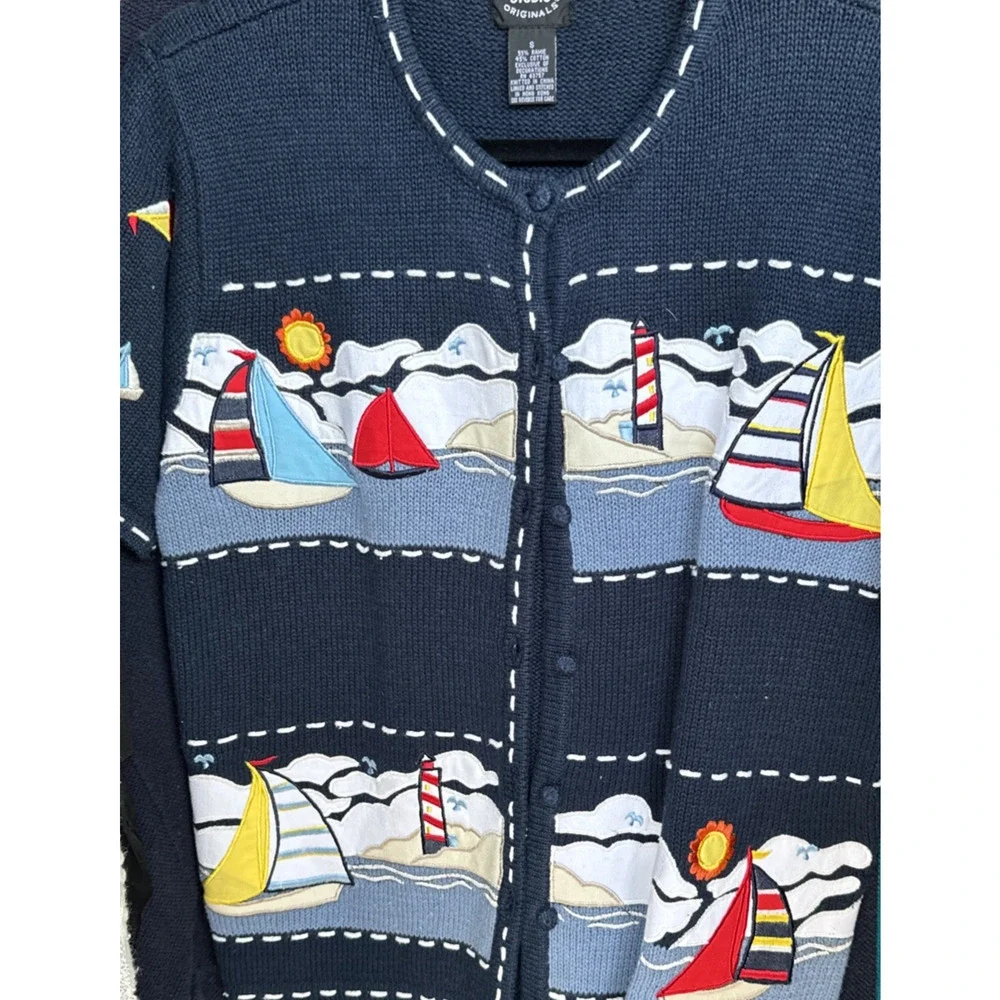 VTG Designers Studio Originals S/S Navy Blue Sweater Nautical Theme Sailboats S